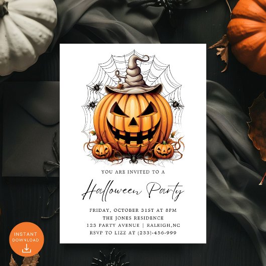 Invitation Fête d'Halloween adulte Citrouille moderne Araigné