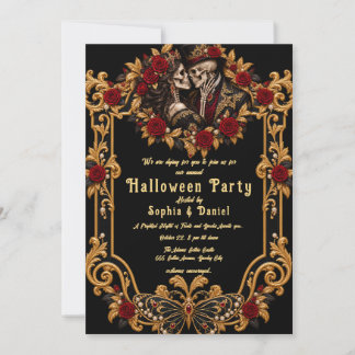 Invitation Fête d'Halloween Adulte Crâne Amateurs Gothique Or