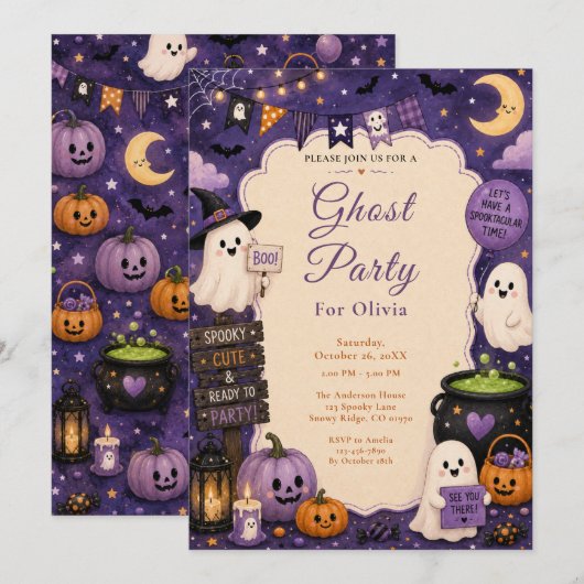 Invitation Fête d'Halloween avec des fantômes mignons (Devant / Derrière)