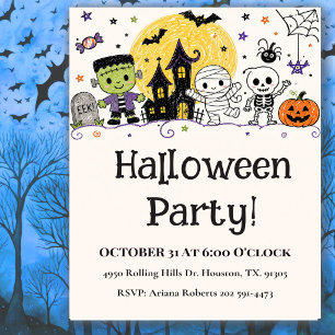 Invitation Fête d'Halloween avec des personnages mignons et a