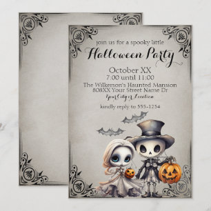Invitation Fête d'Halloween avec poupée fantôme et squelette