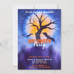 Invitation Fête d'Halloween Bats sous la pleine lune de l'Arb