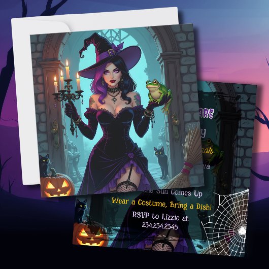 Invitation Fête d'Halloween Black and Purple Witch & Frog