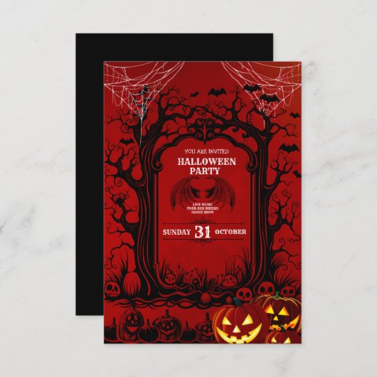Invitation Fête d'Halloween Black & Red Sinister (Devant / Derrière)