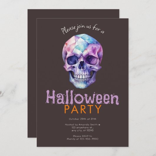 Invitation Fête d'Halloween bleu et violet effrayant et Dépla (Devant / Derrière)