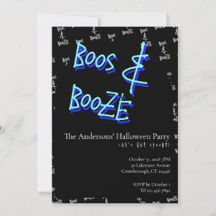 Invitation Fête d'Halloween Boos and Booze Néon Bleu
