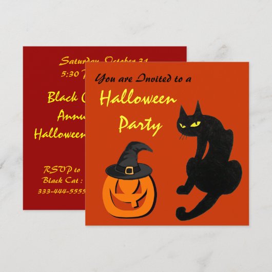 INVITATION FÊTE D'HALLOWEEN CHAT NOIR (Devant / Derrière)