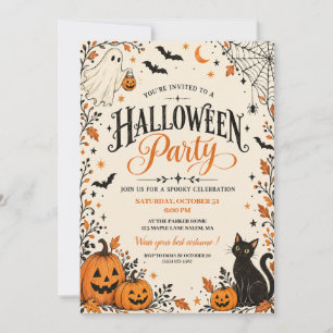 Invitation Fête d'Halloween Chat Noir Citrouille Fantôme Vint