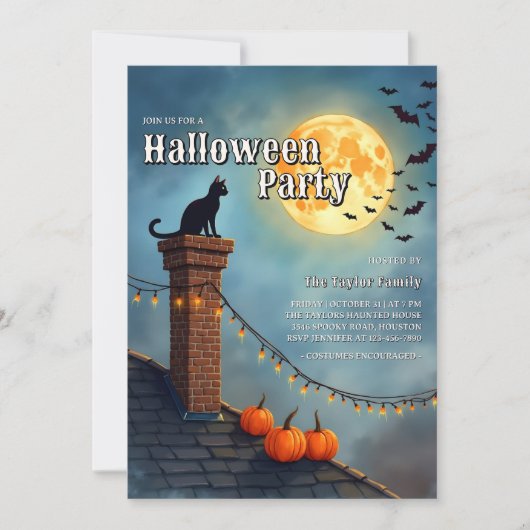 Invitation Fête d'Halloween Chat noir et Pleine lune (Devant)