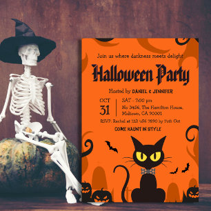 Invitation Fête d'Halloween Chat Noir Fantôme Citrouille Épou