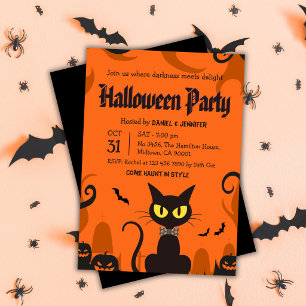 Invitation Fête d'Halloween Chat Noir Fantôme Citrouille Épou