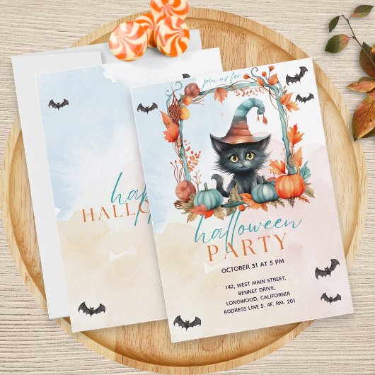 Invitation Fête d'Halloween Chat Noir Patch Citrouille Pastel