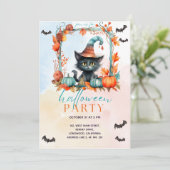 Invitation Fête d'Halloween Chat Noir Patch Citrouille Pastel (Debout devant)