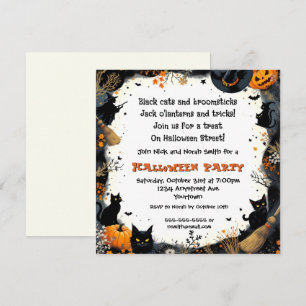 Invitation Fête d'Halloween chats noirs et balais
