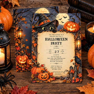 Invitation Fête d'Halloween Citrouilles Chat Noir Drôle |