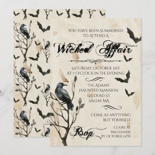 Invitation Fête d'Halloween Corbeau et Chauves-Souris à l'aqu (Devant / Derrière)