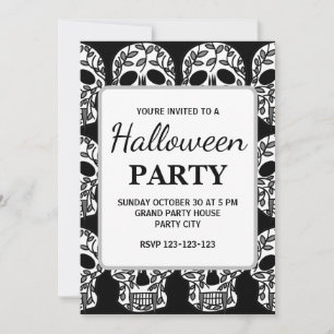 Invitation Fête d'Halloween crâne floral noir et blanc