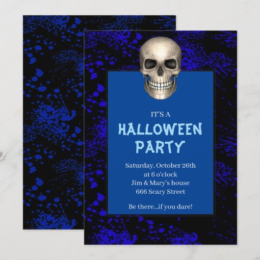 Invitation Fête d'Halloween crâne gothique éclaboussé de bleu (Devant / Derrière)