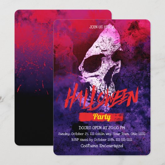 Invitation Fête d'Halloween Crâne Grunge Effrayant (Devant / Derrière)