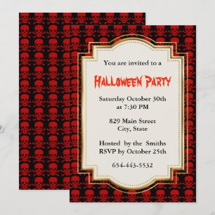 Invitation Fête d'Halloween Crâne Rouge et Os Croisés