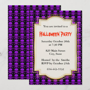 Invitation Fête d'Halloween Crâne Violet et Os Croisés