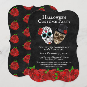Invitation Fête d'Halloween Crânes de Sucre Roses Rouges Vint