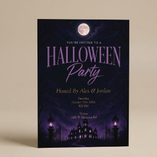 Invitation Fête d'Halloween dans un manoir gothique violet ha