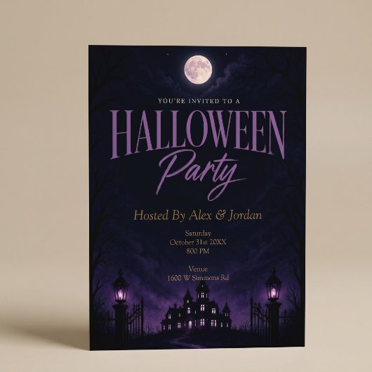 Invitation Fête d'Halloween dans un manoir gothique violet ha
