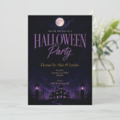 Invitation Fête d'Halloween dans un manoir gothique violet ha (Debout devant)