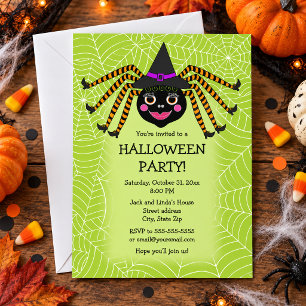 Invitation Fête d'Halloween de la Sorcière Araignée Mignonne