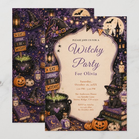 Invitation Fête d'Halloween de sorcière mignonne (Devant / Derrière)