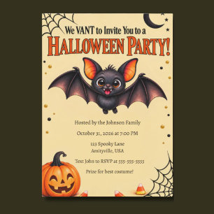 Invitation Fête d'Halloween drôle de chauve-souris vampire