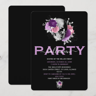 Invitation Fête d'Halloween Élégante Crâne Floral Rose et Vio
