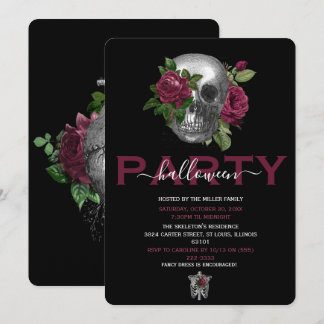 Invitation Fête d'Halloween Élégante Florale Bourgogne Crâne