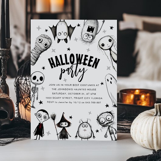 Invitation Fête d'Halloween en noir et blanc