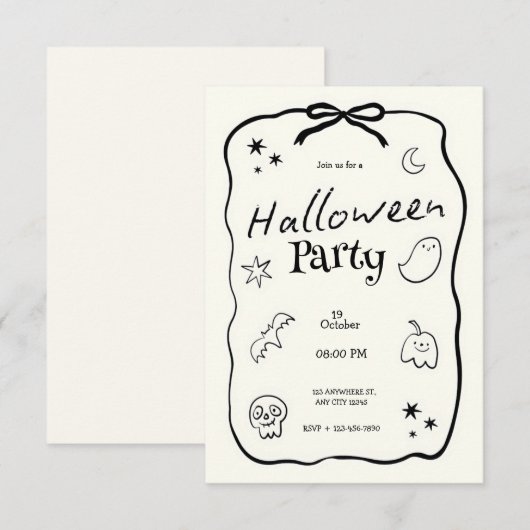 Invitation Fête d'Halloween en noir et blanc (Devant / Derrière)