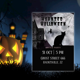 Invitation Fête d'Halloween ensorcelée au bureau Chat noir 