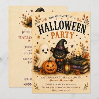 Invitation Fête d'Halloween Fantôme Capricieux Chat Noir