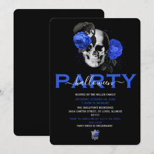 Invitation Fête d'Halloween Fleurie Crâne Bleu Royal Élégant