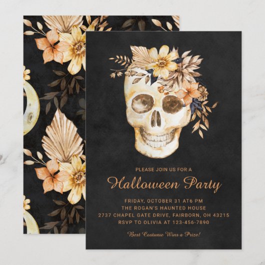 Invitation Fête d'Halloween Floral Crâne Rustique (Devant / Derrière)