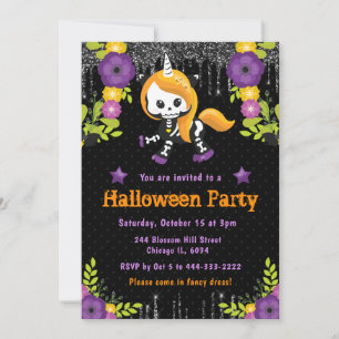 Invitation Fête d'Halloween Florale Licorne Mignonne