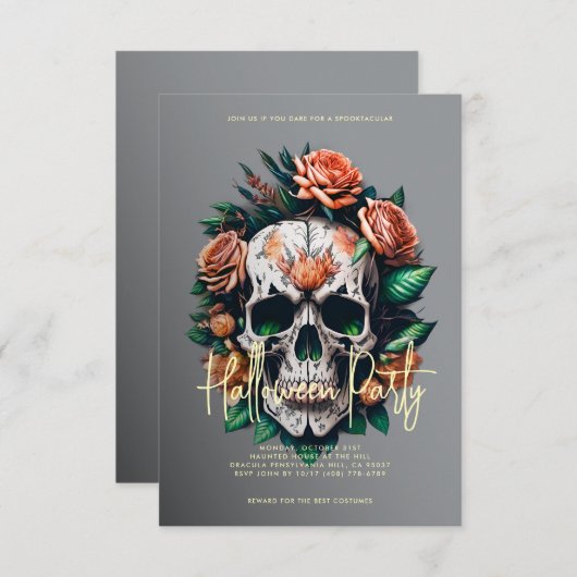 Invitation Fête d'Halloween gris crâne floral (Devant / Derrière)
