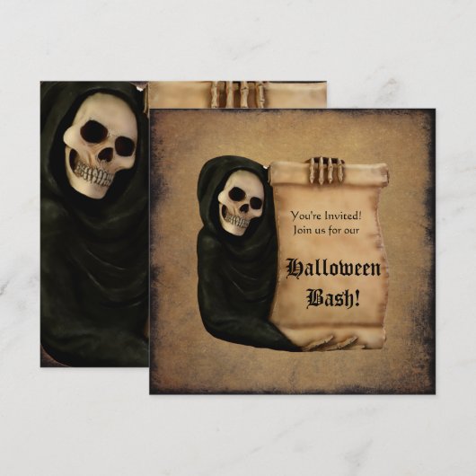 Invitation Fête d'Halloween Grungy Scroll & Caped Skull (Devant / Derrière)