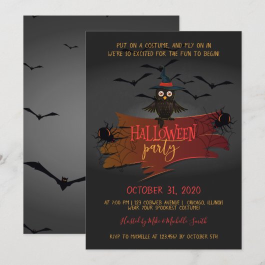 Invitation Fête d'Halloween hibou et chauves-souris (Devant / Derrière)