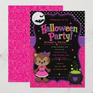 Invitation Fête d'Halloween Loup-Garou pour Filles