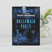 Invitation Fête d'Halloween magique Chat noir Lumière bleue (Debout devant)