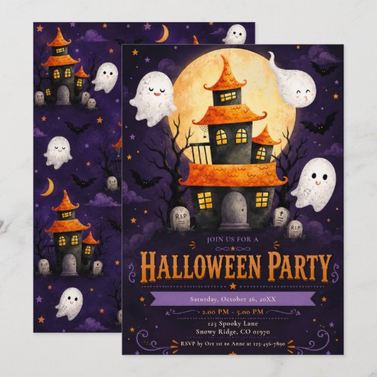 Invitation Fête d'Halloween Maison Hantée (Devant / Derrière)