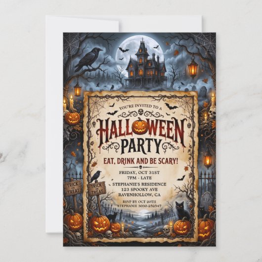 Invitation Fête d'Halloween Maison Hantée Chauves-souris Chat (Devant)