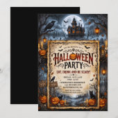 Invitation Fête d'Halloween Maison Hantée Chauves-souris Chat (Devant / Derrière)