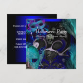 Invitation Fête d'Halloween Masques Bleus Sarcelle Fête de Ma (Devant / Derrière)